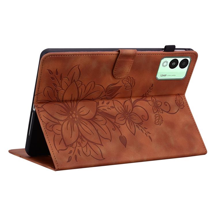 For Tecno Megapad 11 Lily Embossed Leather Tablet Case(Brown)