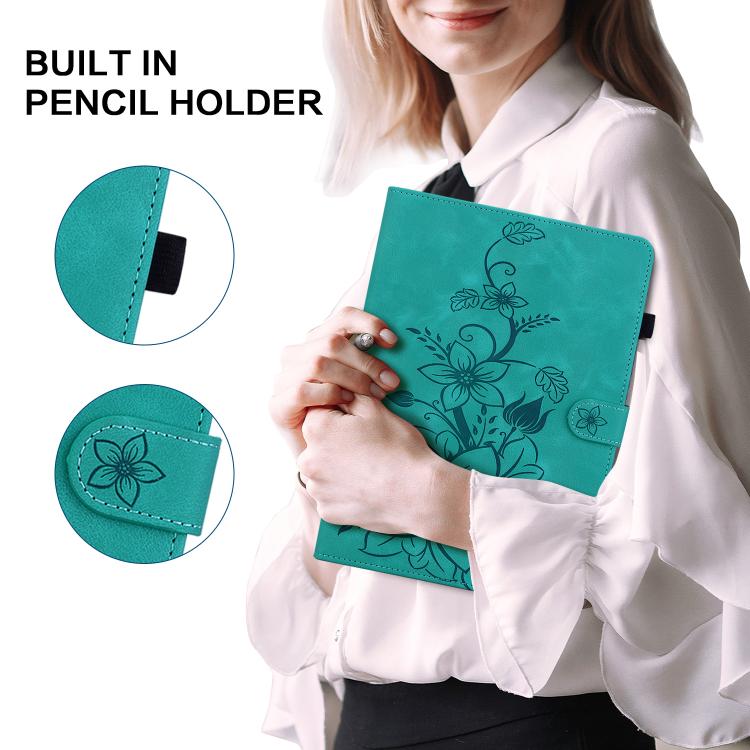 For Tecno Megapad 11 Lily Embossed Leather Tablet Case(Green)