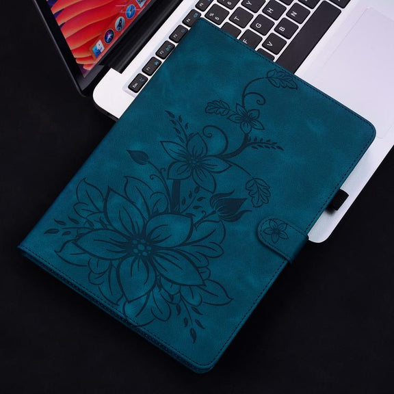For Tecno Megapad 11 Lily Embossed Leather Tablet Case(Dark Blue)