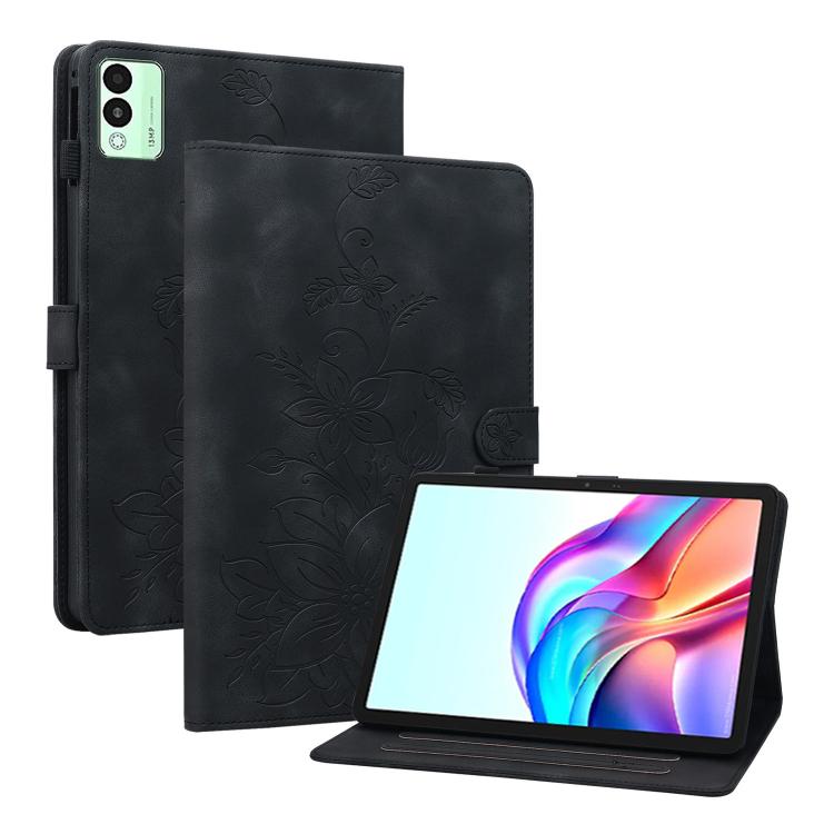 For Tecno Megapad 11 Lily Embossed Leather Tablet Case(Black)