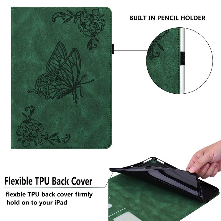For Tecno Megapad 11 Butterfly Flower Embossed Leather Tablet Case(Green)