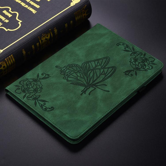 For Tecno Megapad 11 Butterfly Flower Embossed Leather Tablet Case(Green)
