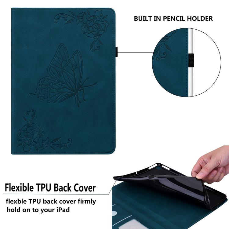 For Tecno Megapad 11 Butterfly Flower Embossed Leather Tablet Case(Blue)