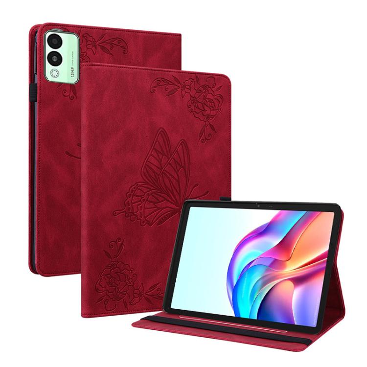 For Tecno Megapad 11 Butterfly Flower Embossed Leather Tablet Case(Red)