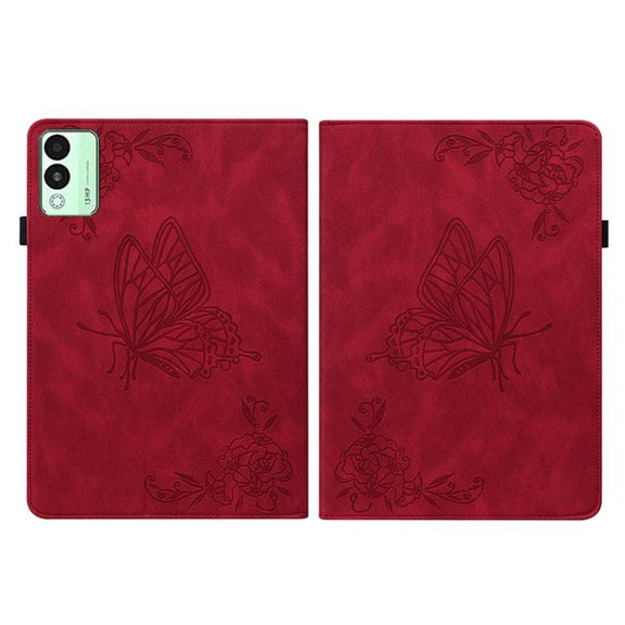 For Tecno Megapad 11 Butterfly Flower Embossed Leather Tablet Case(Red)
