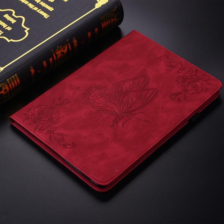 For Tecno Megapad 11 Butterfly Flower Embossed Leather Tablet Case(Red)