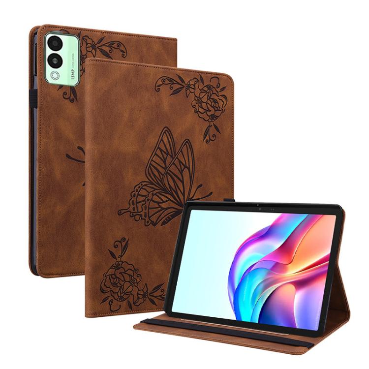 For Tecno Megapad 11 Butterfly Flower Embossed Leather Tablet Case(Brown)
