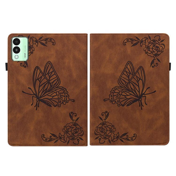 For Tecno Megapad 11 Butterfly Flower Embossed Leather Tablet Case(Brown)
