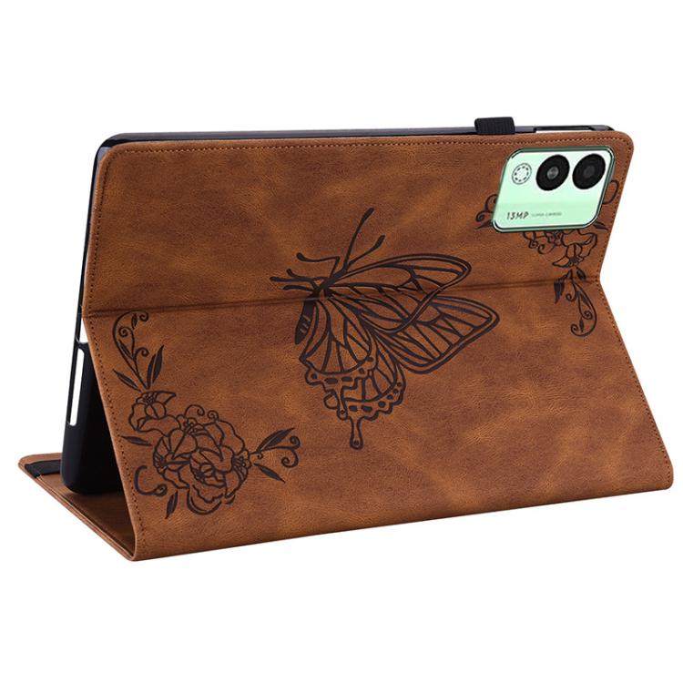 For Tecno Megapad 11 Butterfly Flower Embossed Leather Tablet Case(Brown)
