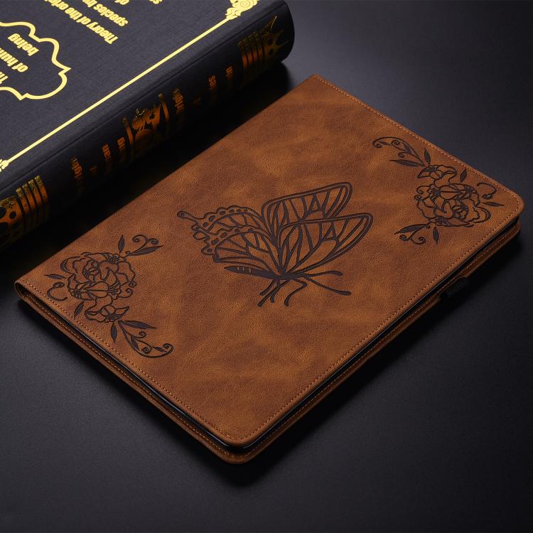 For Tecno Megapad 11 Butterfly Flower Embossed Leather Tablet Case(Brown)