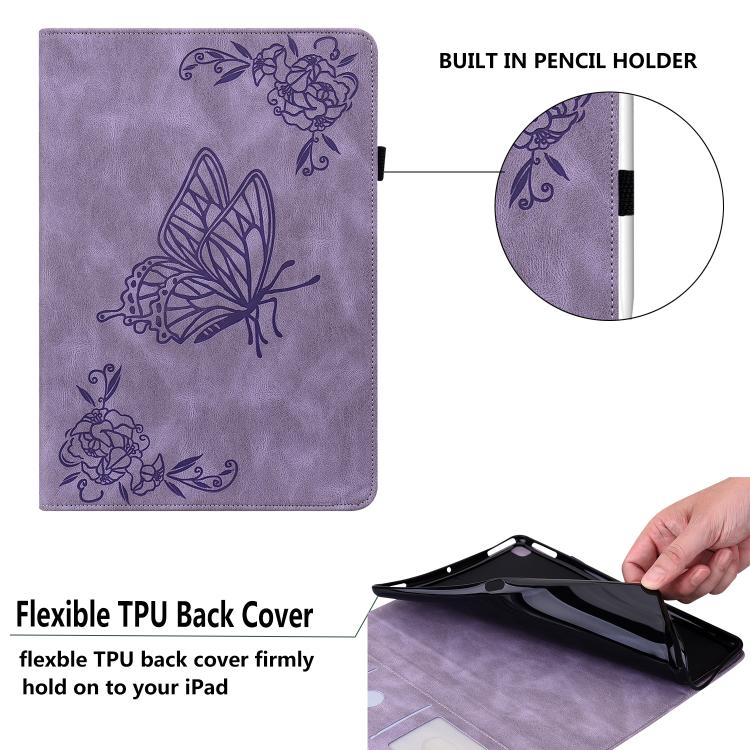 For Tecno Megapad 11 Butterfly Flower Embossed Leather Tablet Case(Purple)