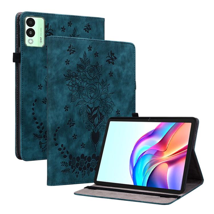 For Tecno Megapad 11 Butterfly Rose Embossed Leather Tablet Case(Dark Blue)