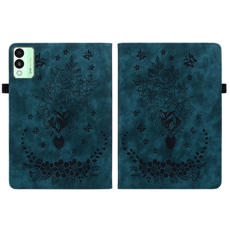 For Tecno Megapad 11 Butterfly Rose Embossed Leather Tablet Case(Dark Blue)