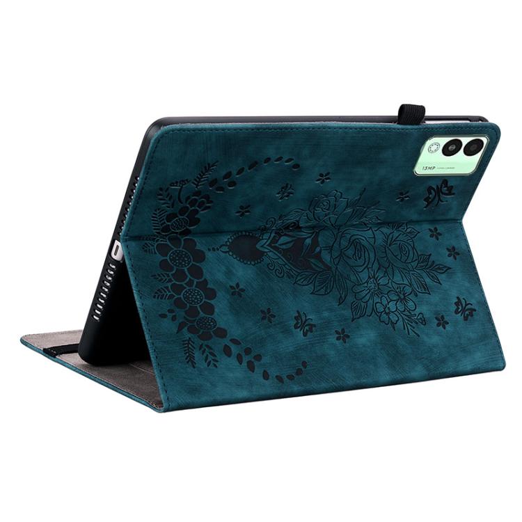 For Tecno Megapad 11 Butterfly Rose Embossed Leather Tablet Case(Dark Blue)
