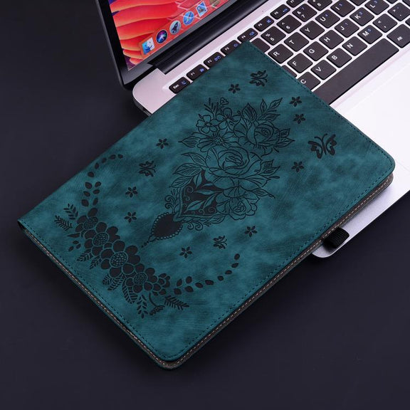 For Tecno Megapad 11 Butterfly Rose Embossed Leather Tablet Case(Dark Blue)