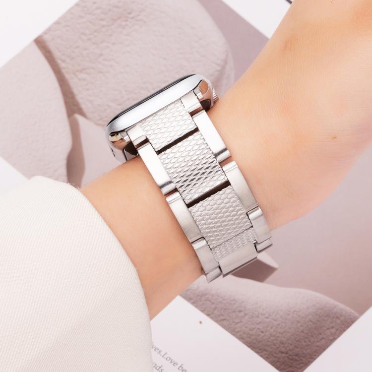 For Apple Watch 46mm / 49mm / 45mm / 44mm Wave Thread 3-bead Stainless Steel Watch Band(Silver)