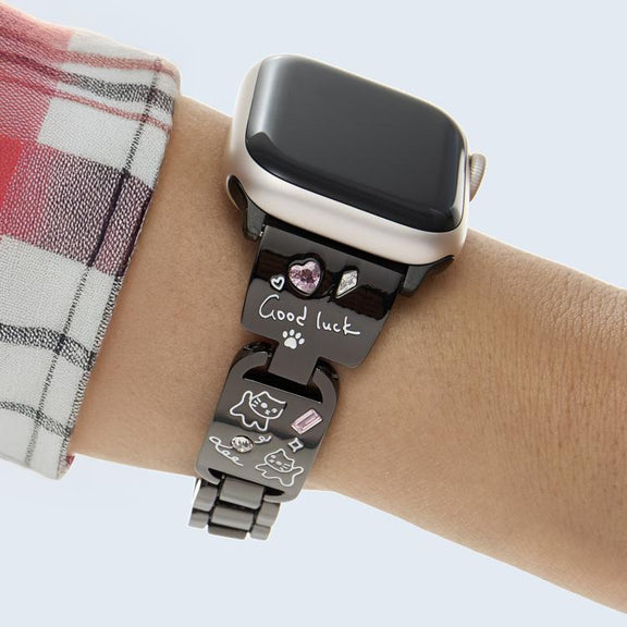 For Apple Watch 46mm / 49mm / 45mm / 44mm Colored Diamond Cat Stainless Steel Watch Band(Black)