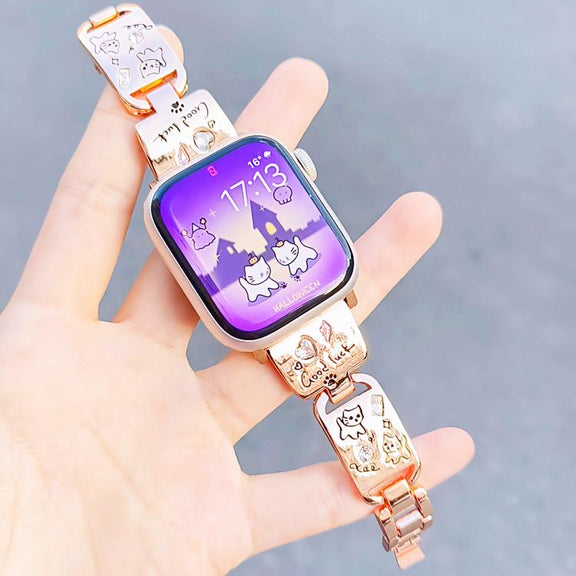 For Apple Watch 46mm / 49mm / 45mm / 44mm Colored Diamond Cat Stainless Steel Watch Band(Rose Gold)
