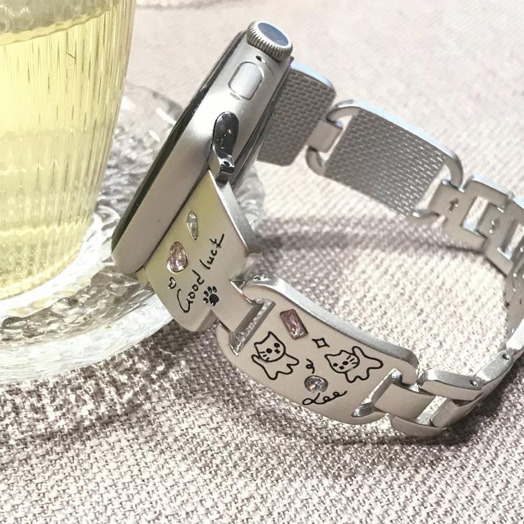 For Apple Watch 46mm / 49mm / 45mm / 44mm Colored Diamond Cat Stainless Steel Watch Band(Silver)