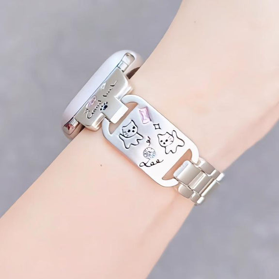 For Apple Watch 46mm / 49mm / 45mm / 44mm Colored Diamond Cat Stainless Steel Watch Band(Starlight)