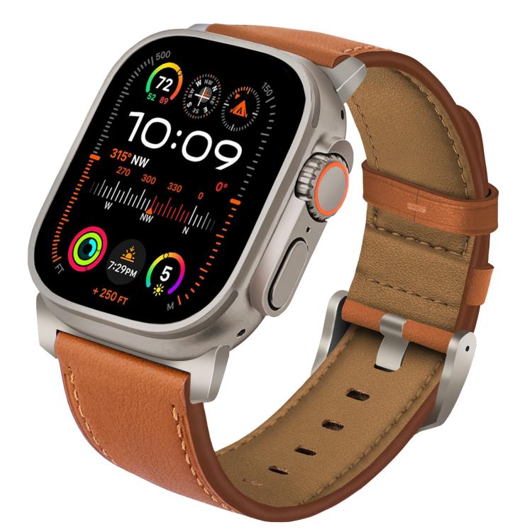 For Apple Watch 46mm / 49mm / 45mm / 44mm Titanium Buckle Nappa Genuine Leather Watch Band(Brown)