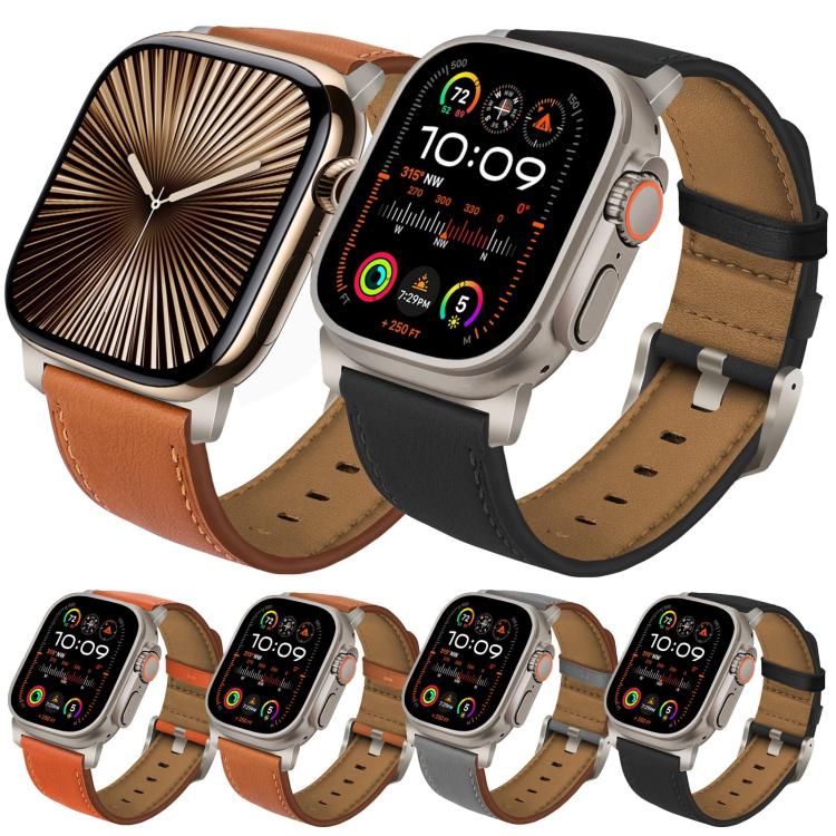 For Apple Watch 46mm / 49mm / 45mm / 44mm Titanium Buckle Nappa Genuine Leather Watch Band(Grey)