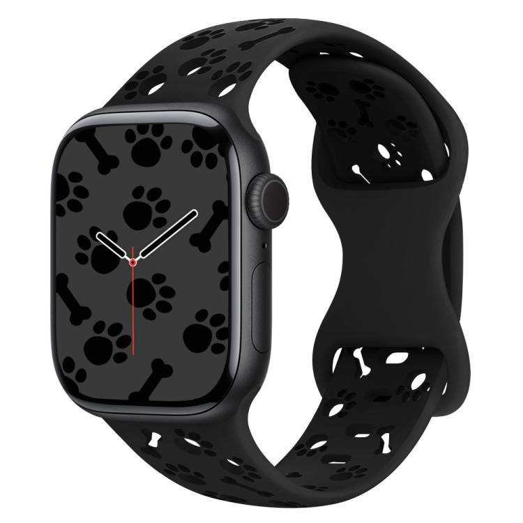 For Apple Watch 42mm / 41mm / 40mm / 38mm Dog Paw Bones Butterfly Buckle Silicone Watch Band(Black)
