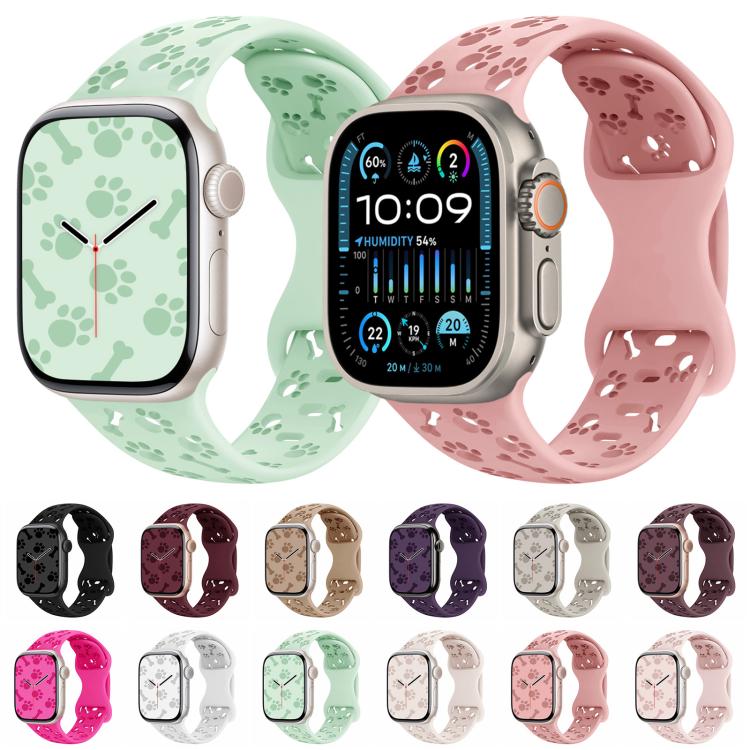 For Apple Watch 42mm / 41mm / 40mm / 38mm Dog Paw Bones Butterfly Buckle Silicone Watch Band(Black)