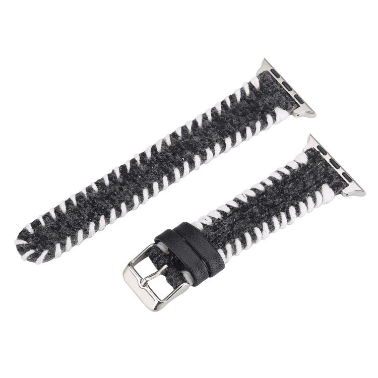 For Apple Watch 46mm / 49mm / 45mm / 44mm Retro Stitched Wool Genuine Leather Watch Band(Black)