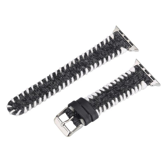 For Apple Watch 46mm / 49mm / 45mm / 44mm Retro Stitched Wool Genuine Leather Watch Band(Black)