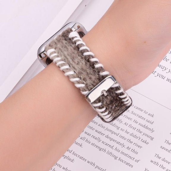 For Apple Watch 46mm / 49mm / 45mm / 44mm Retro Stitched Wool Genuine Leather Watch Band(Coffee)