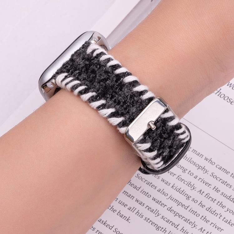 For Apple Watch 42mm / 41mm / 40mm / 38mm Retro Stitched Wool Genuine Leather Watch Band(Black)