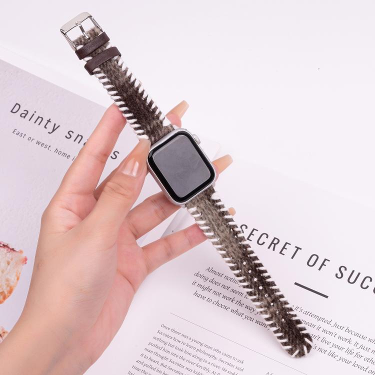 For Apple Watch 42mm / 41mm / 40mm / 38mm Retro Stitched Wool Genuine Leather Watch Band(Coffee)