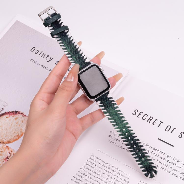 For Apple Watch 42mm / 41mm / 40mm / 38mm Retro Stitched Wool Genuine Leather Watch Band(Green)