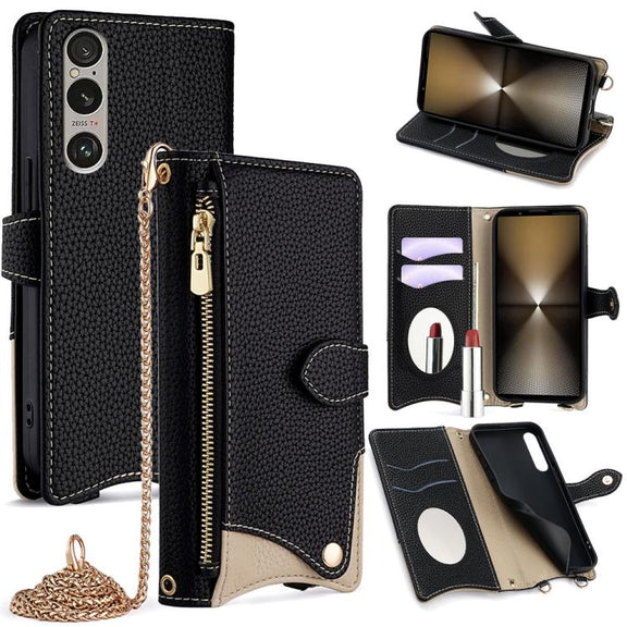 For Sony Xperia 1 VI Crossbody Chain Fishtail Litchi Leather Phone Case(Black)