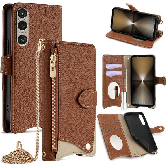 For Sony Xperia 1 VI Crossbody Chain Fishtail Litchi Leather Phone Case(Brown)