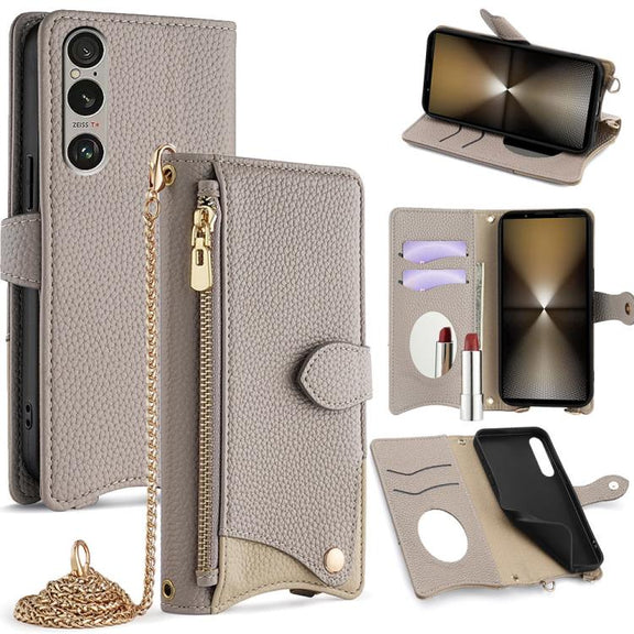 For Sony Xperia 1 VI Crossbody Chain Fishtail Litchi Leather Phone Case(Grey)