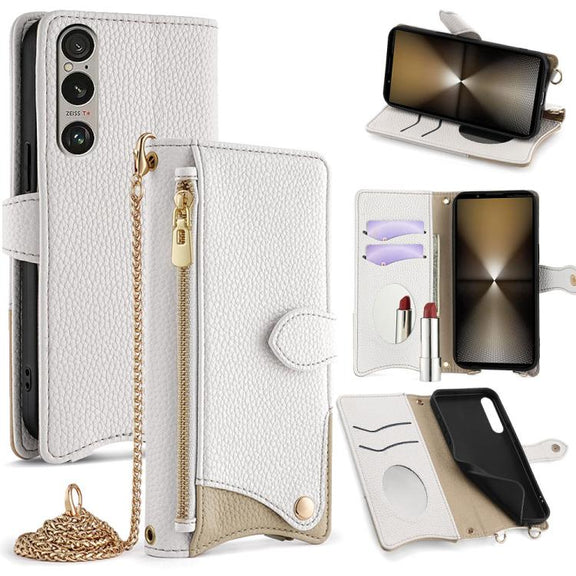 For Sony Xperia 1 VI Crossbody Chain Fishtail Litchi Leather Phone Case(White)