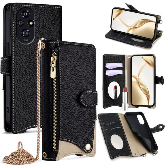 For Honor 200 Crossbody Chain Fishtail Litchi Leather Phone Case(Black)