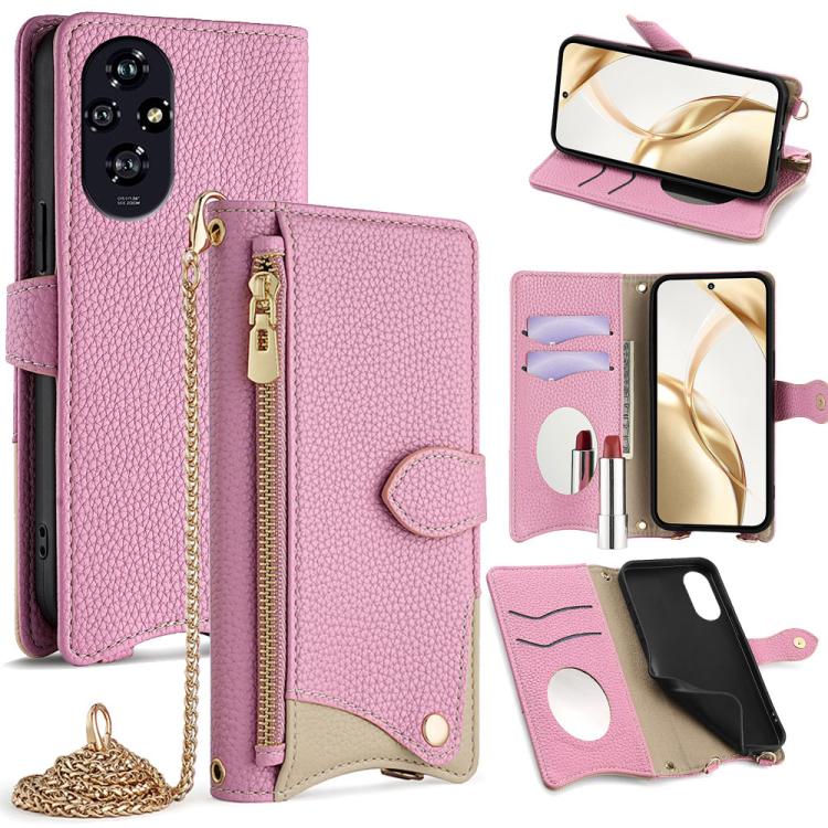 For Honor 200 Crossbody Chain Fishtail Litchi Leather Phone Case(Pink)