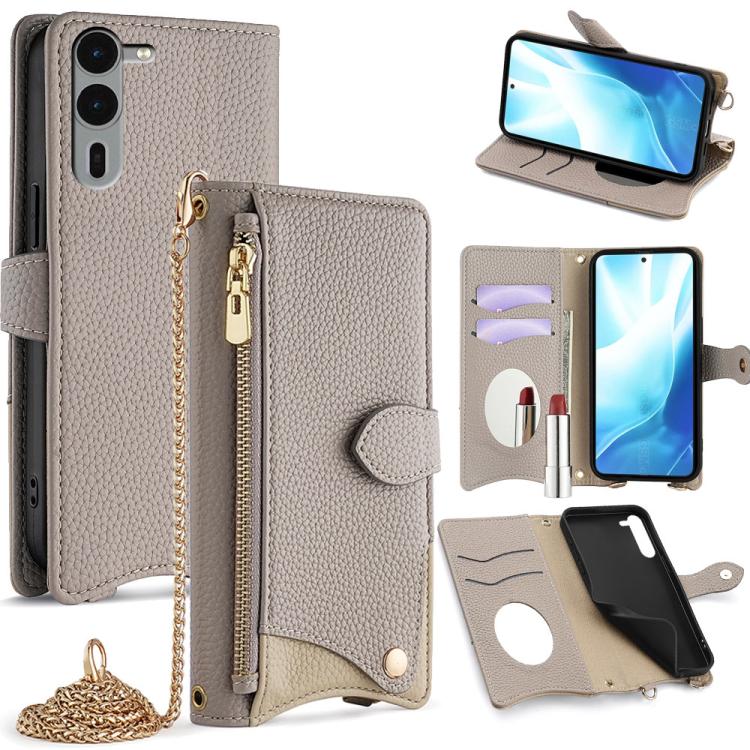 For  Fujitsu Arrows We2 Plus F-51E Crossbody Chain Fishtail Litchi Leather Phone Case(Grey)