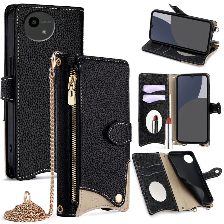 For Sharp Aquos wish4 Crossbody Chain Fishtail Litchi Leather Phone Case(Black)
