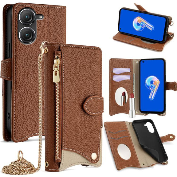 For Asus Zenfone 9 / Zenfone 10 Crossbody Chain Fishtail Litchi Leather Phone Case(Brown)