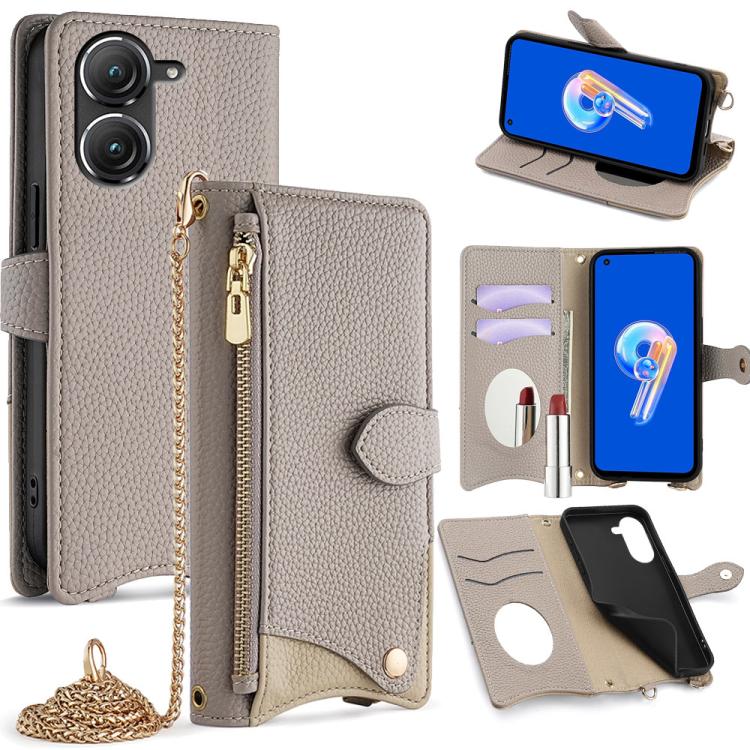 For Asus Zenfone 9 / Zenfone 10 Crossbody Chain Fishtail Litchi Leather Phone Case(Grey)