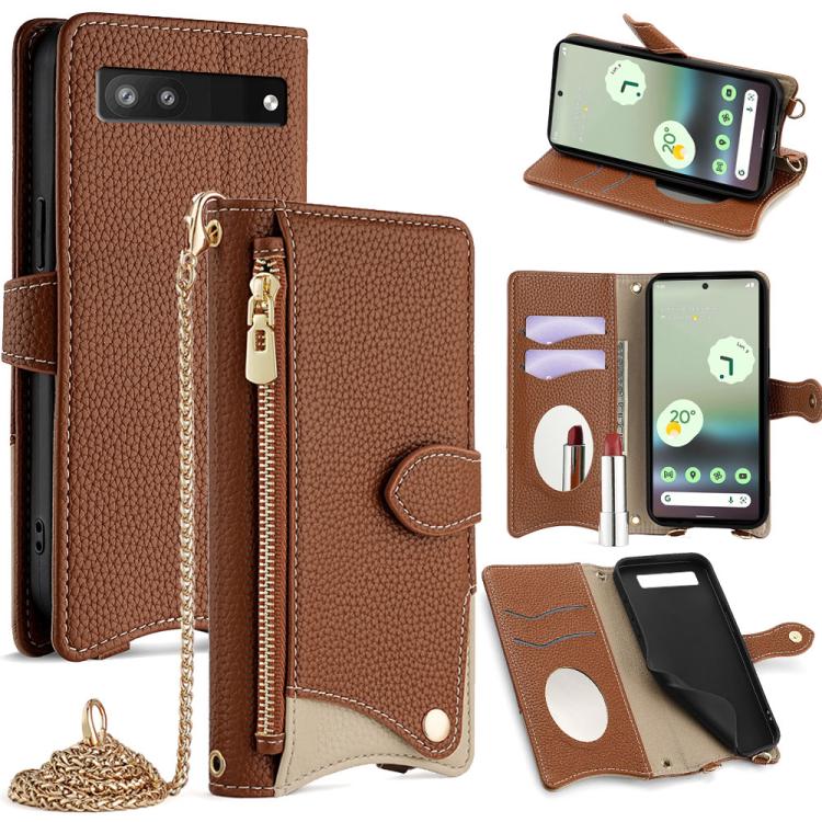 For Google Pixel 6a Crossbody Chain Fishtail Litchi Leather Phone Case(Brown)