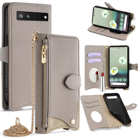 For Google Pixel 6a Crossbody Chain Fishtail Litchi Leather Phone Case(Grey)