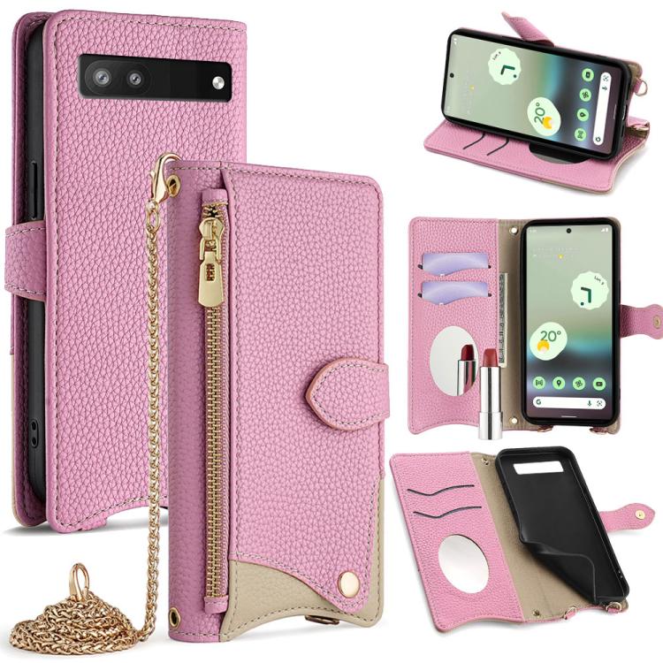 For Google Pixel 6a Crossbody Chain Fishtail Litchi Leather Phone Case(Pink)