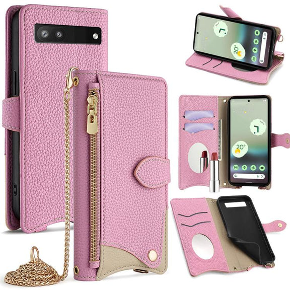 For Google Pixel 6a Crossbody Chain Fishtail Litchi Leather Phone Case(Pink)