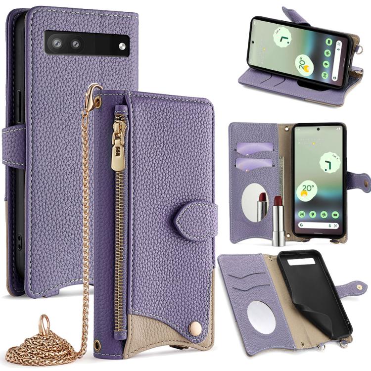 For Google Pixel 6a Crossbody Chain Fishtail Litchi Leather Phone Case(Purple)
