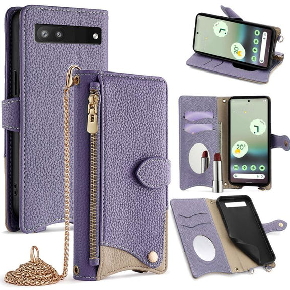 For Google Pixel 6a Crossbody Chain Fishtail Litchi Leather Phone Case(Purple)